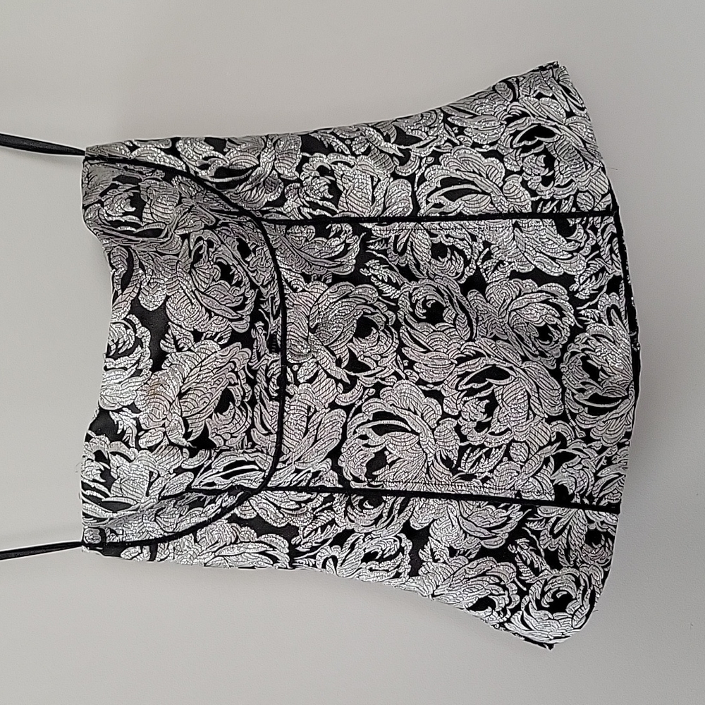 White House Black Market black silver floral strapless top size 2